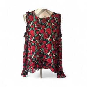 Women’s Krazy Kat Floral Cold Shoulder Blouse Size Medium Red Black Ruffle Hem